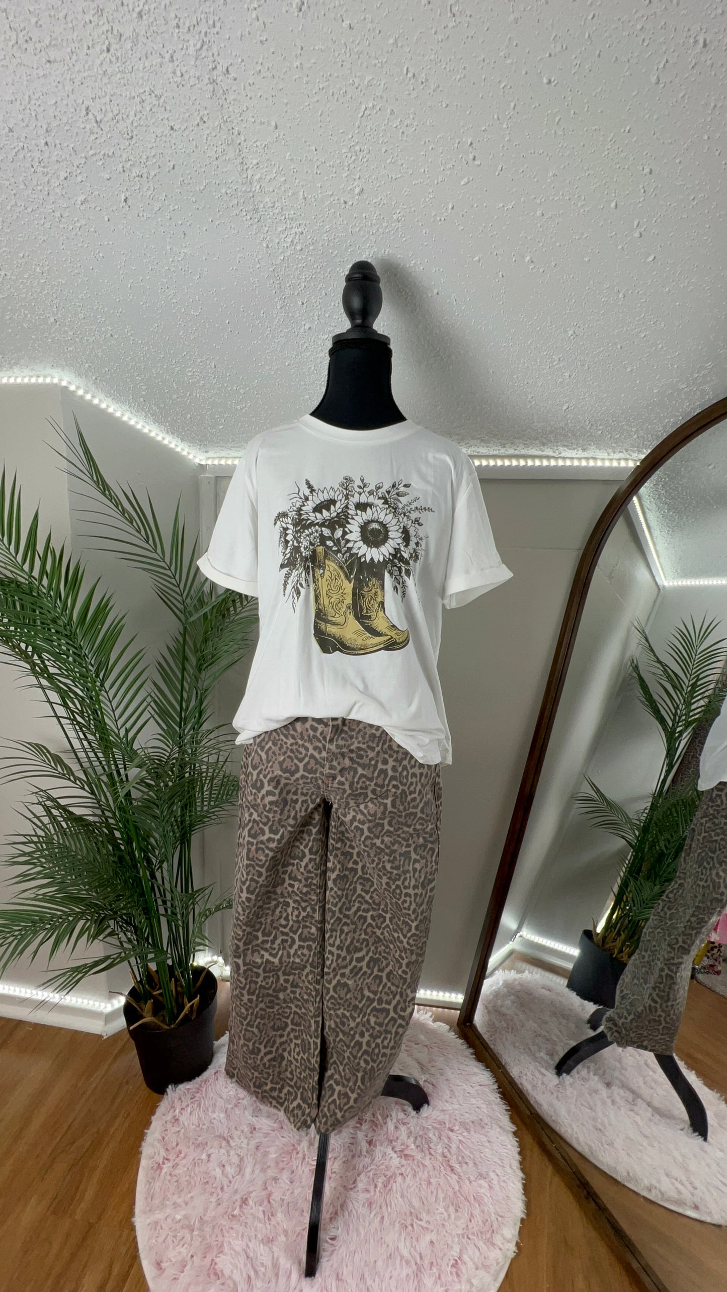 White Sunflower-Embroidered Cowgirl Boots T-Shirt