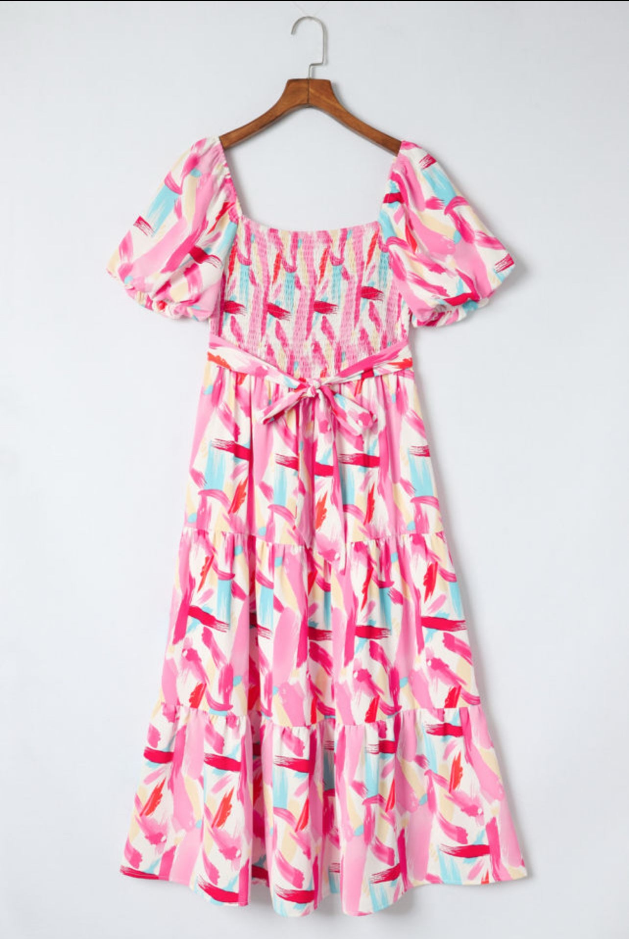 Yuli - Pink Brushed Printed Smocked Ruffle Tiered Dress