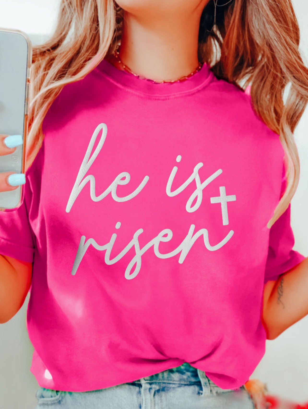 " He is Risen " Rose red crewneck t-shirt