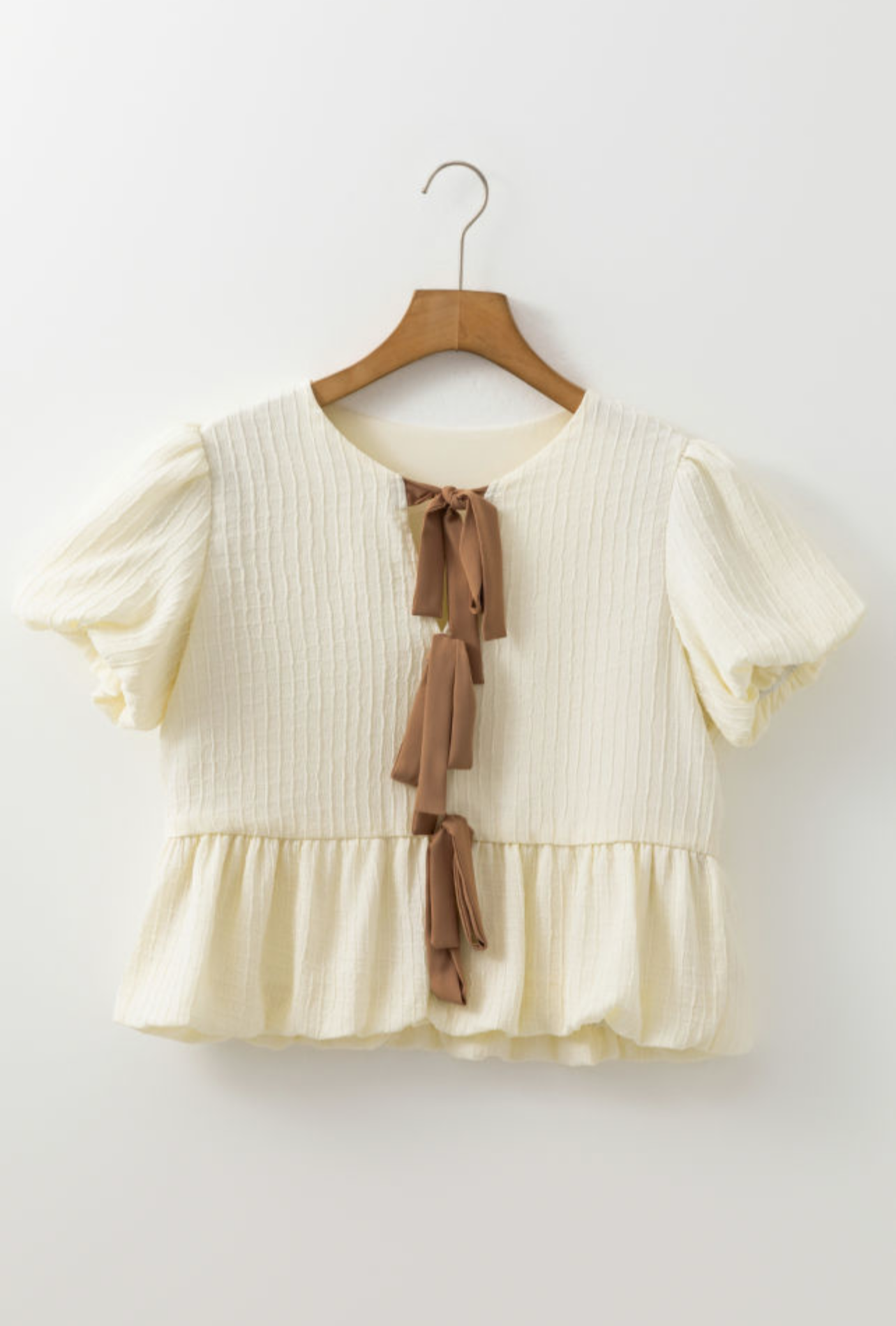 Bow Ties Front Bubble Hem Puff Short Sleeve Blouse
