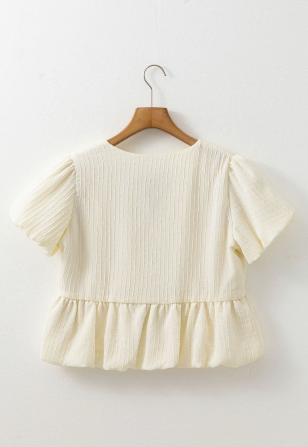 Bow Ties Front Bubble Hem Puff Short Sleeve Blouse