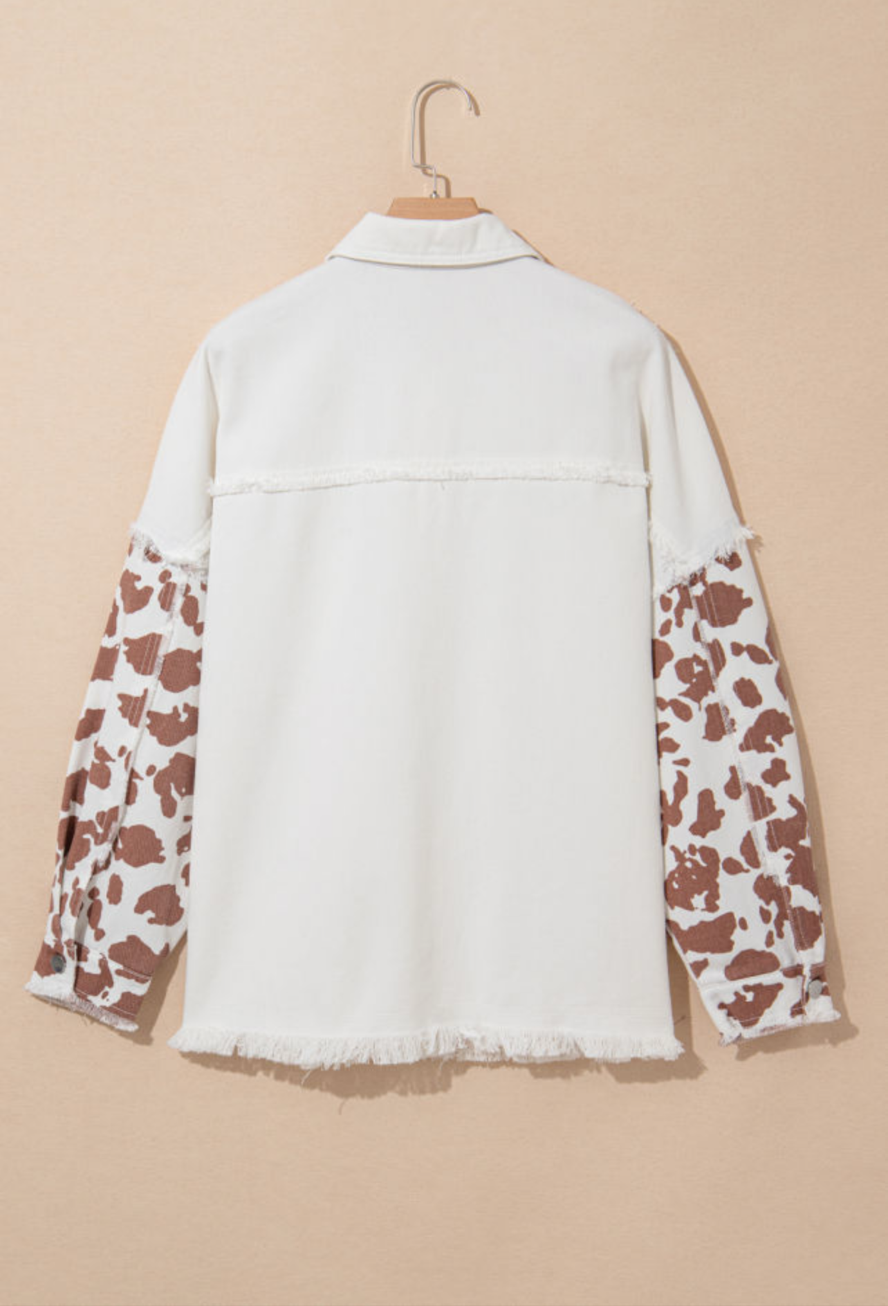 Jennie White Cow Spot Flap Pocket Hem Long Denim Jacket