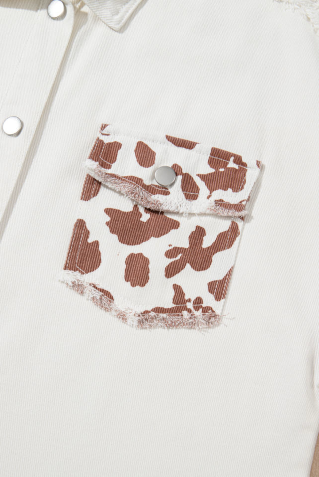 Jennie White Cow Spot Flap Pocket Hem Long Denim Jacket