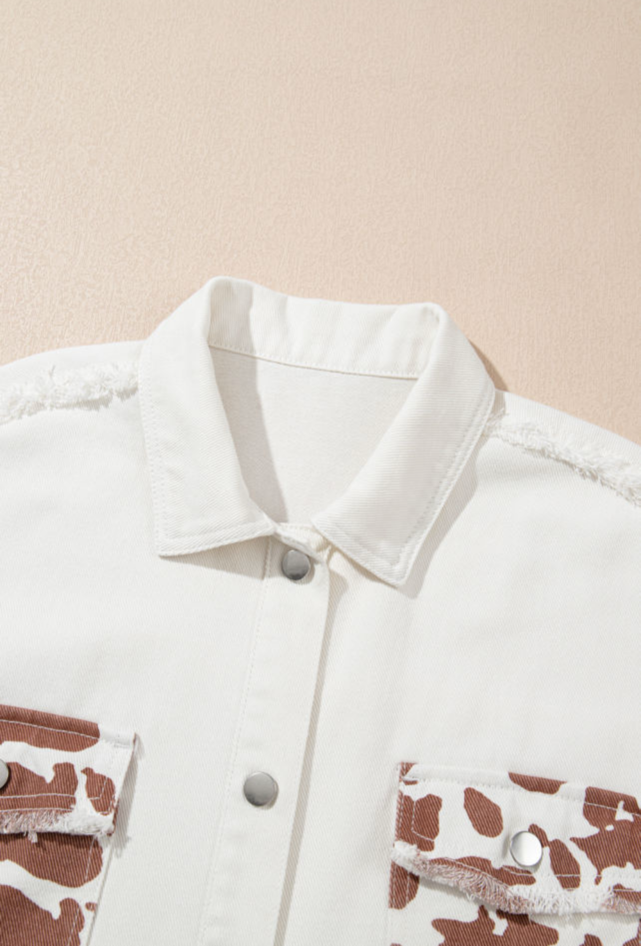 Jennie White Cow Spot Flap Pocket Hem Long Denim Jacket