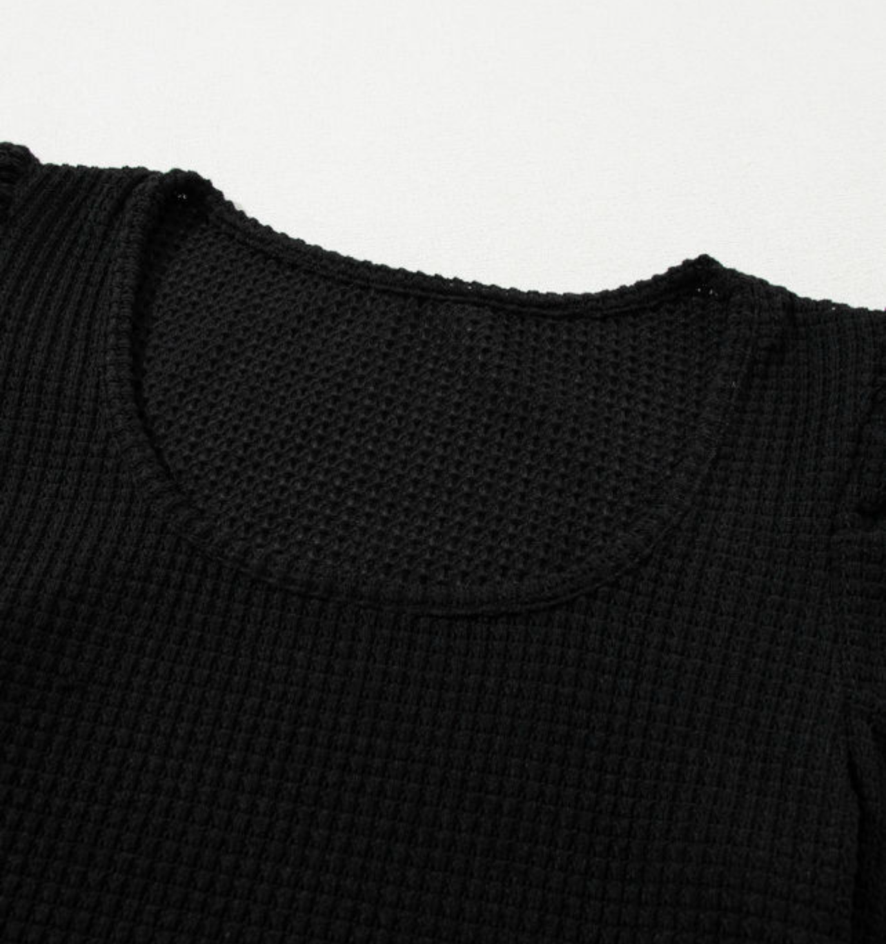 Pretty Black Waffle Puff Short Sleeve Top