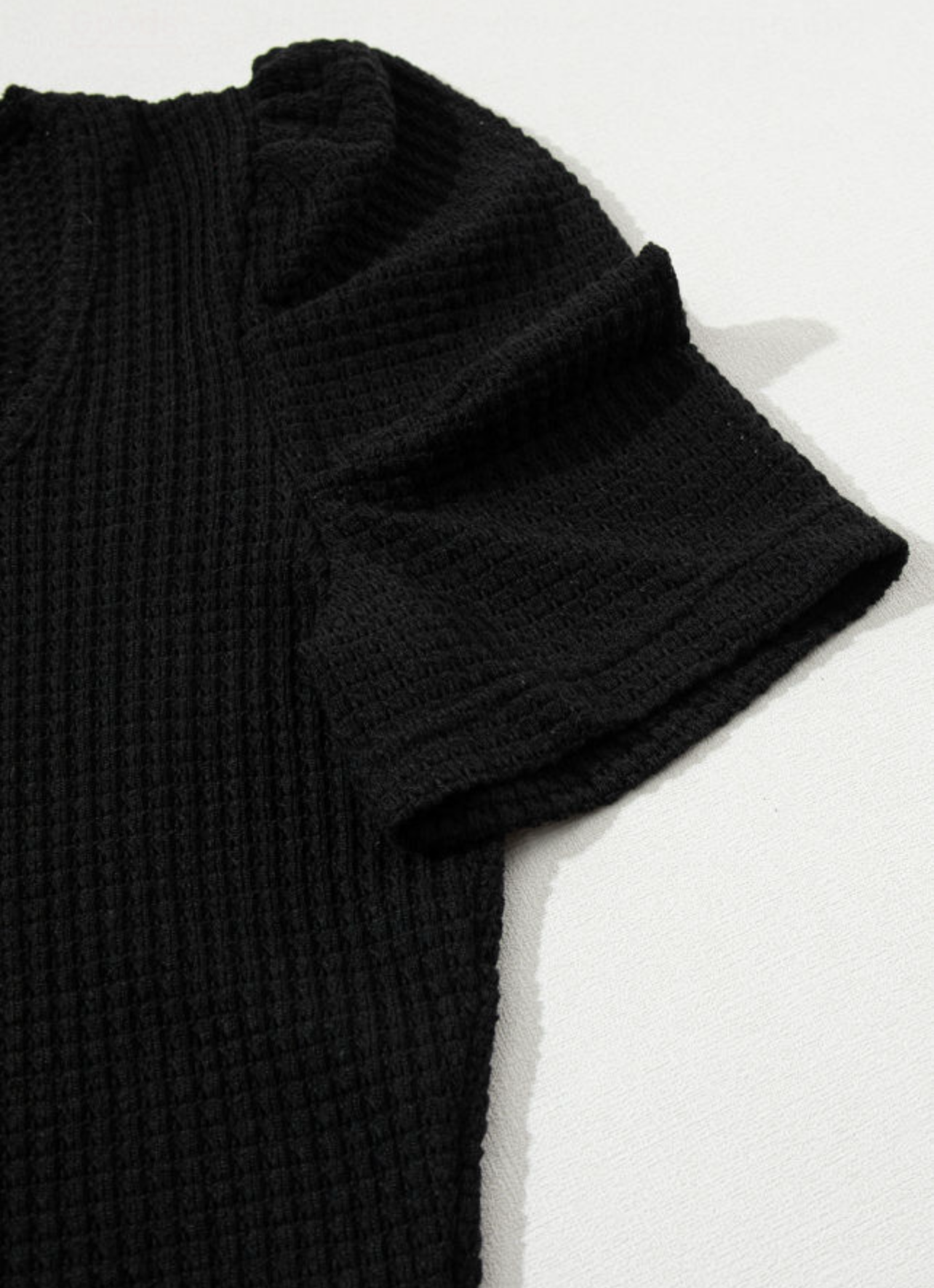 Pretty Black Waffle Puff Short Sleeve Top