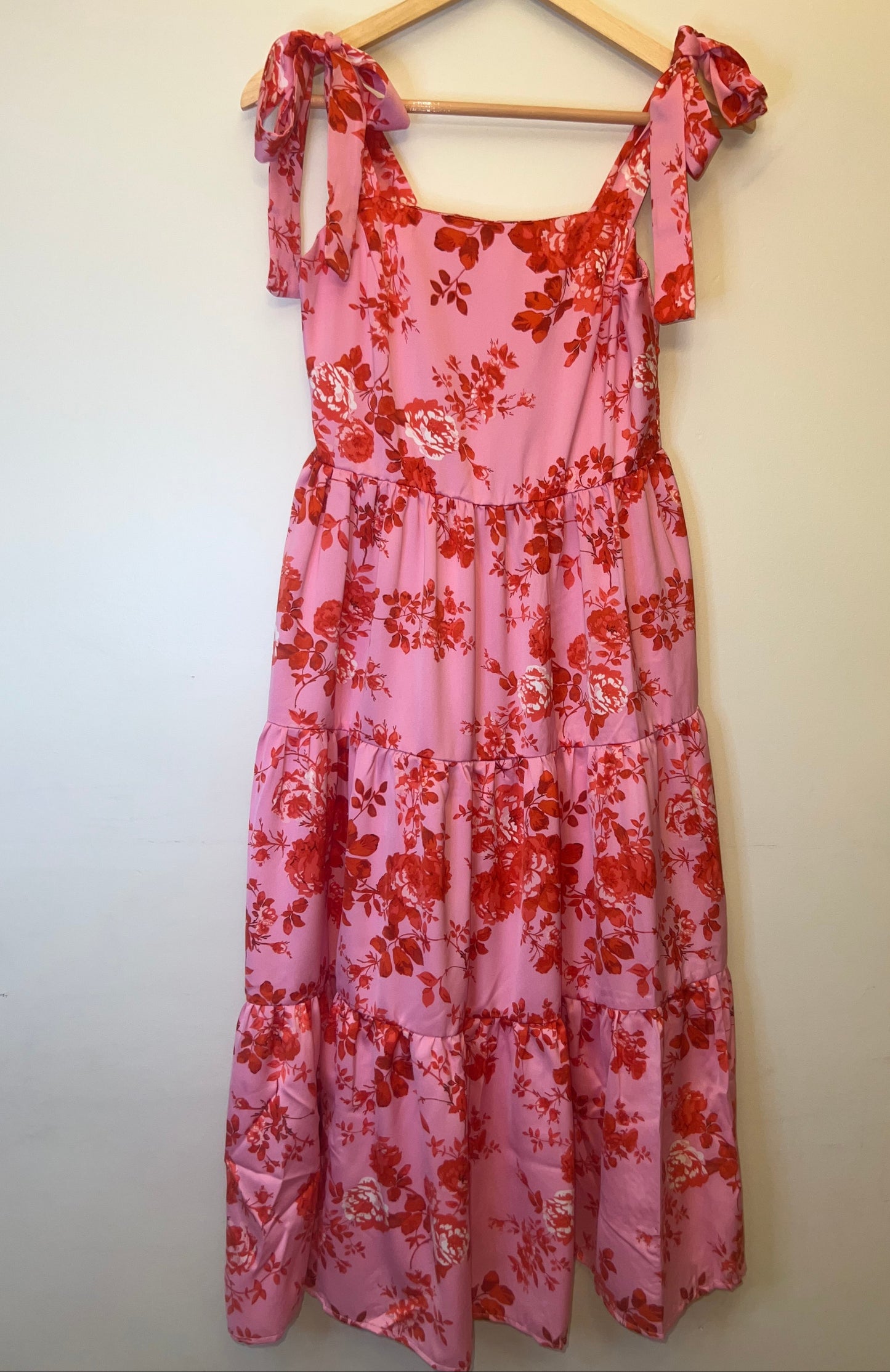 Shoulder Straps and Tiered Pink Tie Floral Dress