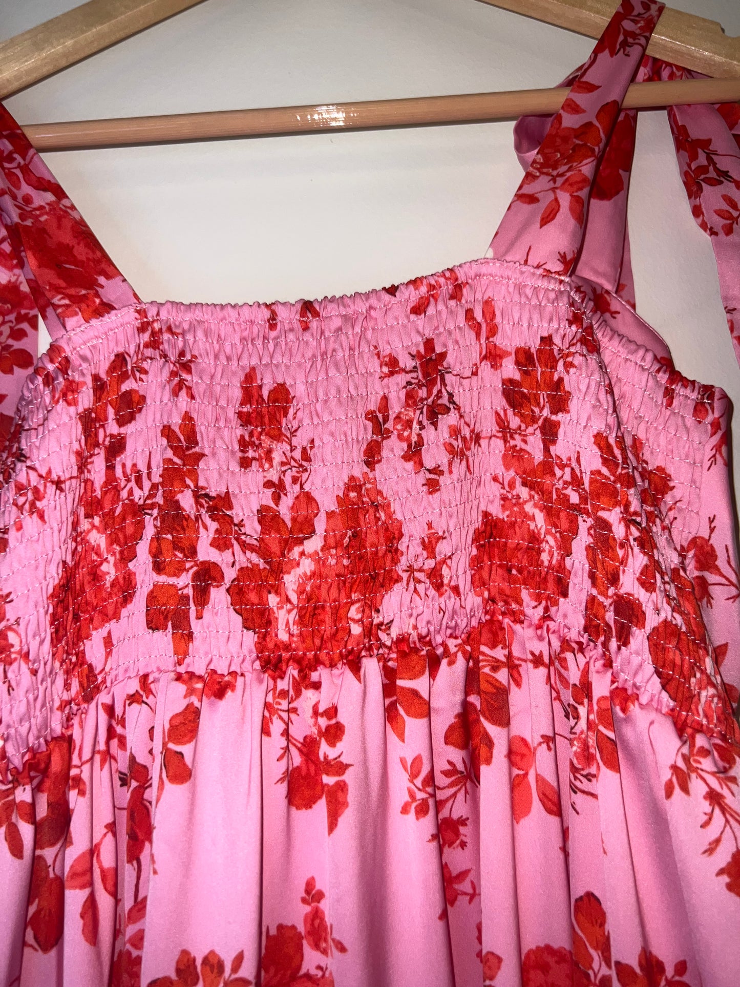 Shoulder Straps and Tiered Pink Tie Floral Dress