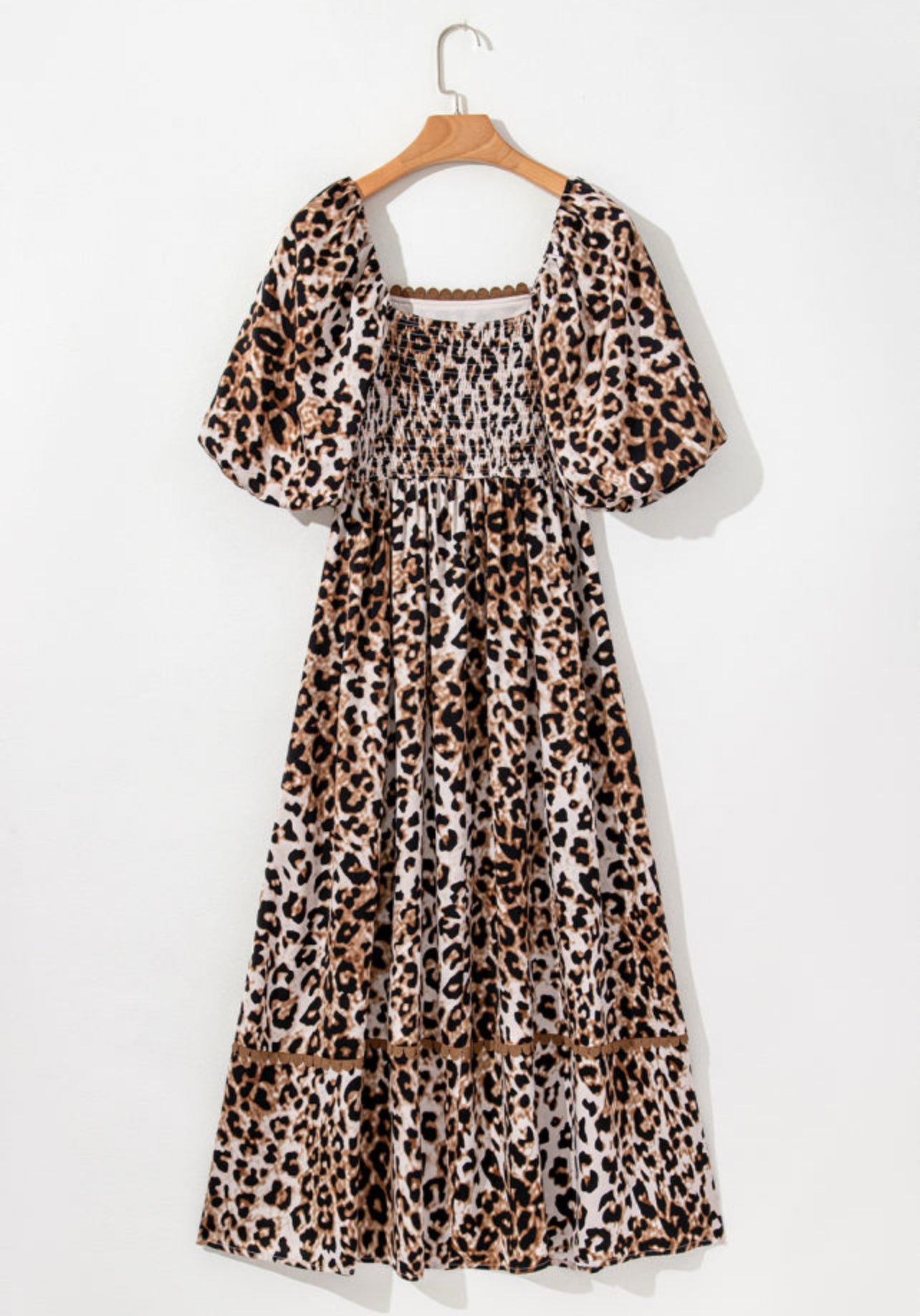 Leopard Print Bubble Sleeve Square Neck Maxi Dress