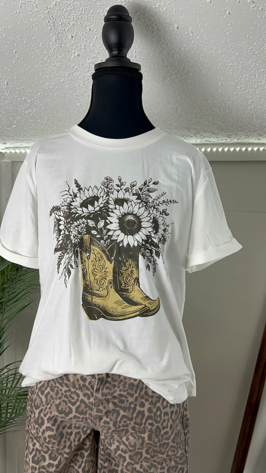 White Sunflower-Embroidered Cowgirl Boots T-Shirt