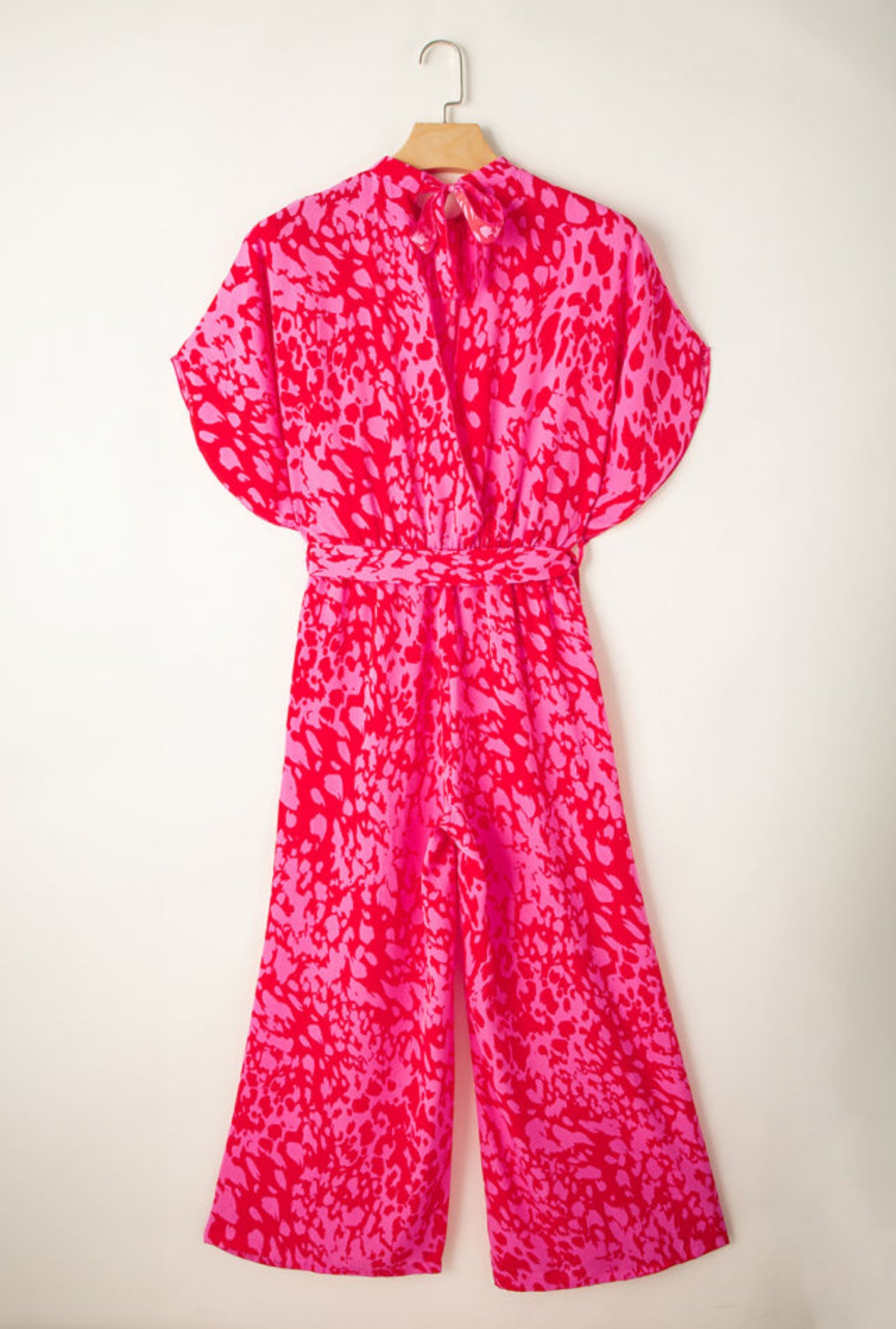Rose Leopard Loose Sleeve Belted wide Leg Jumpsuit