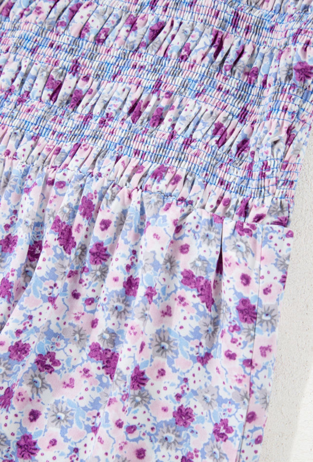 Purple Floral Short Bubble Sleeve Maxi Dress