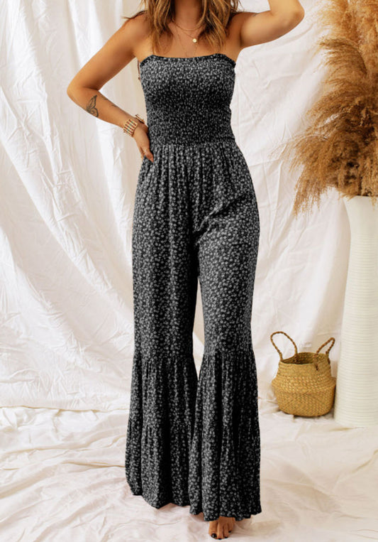Black Thin Straps Bodice Wide Leg Floral Jumpsuit