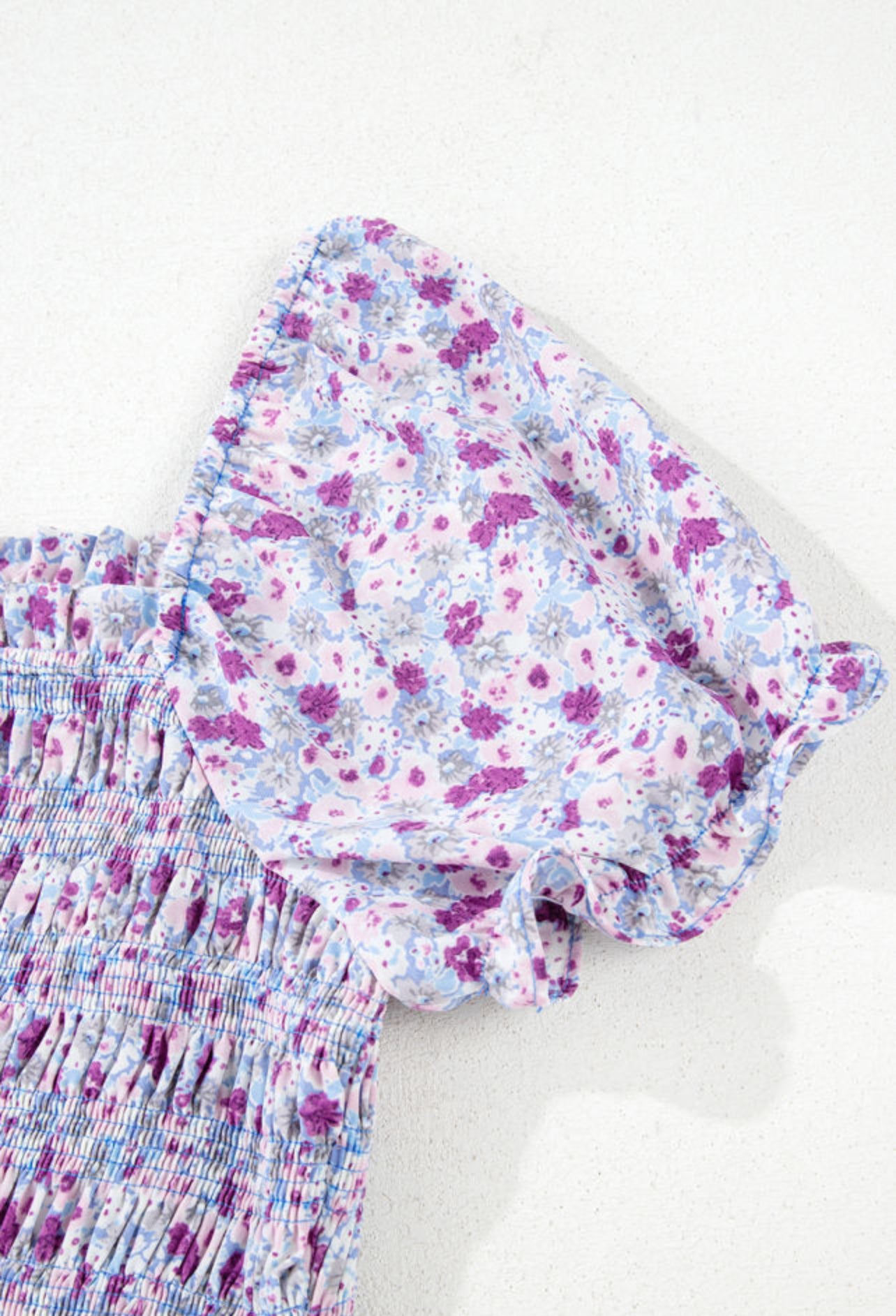 Purple Floral Short Bubble Sleeve Maxi Dress