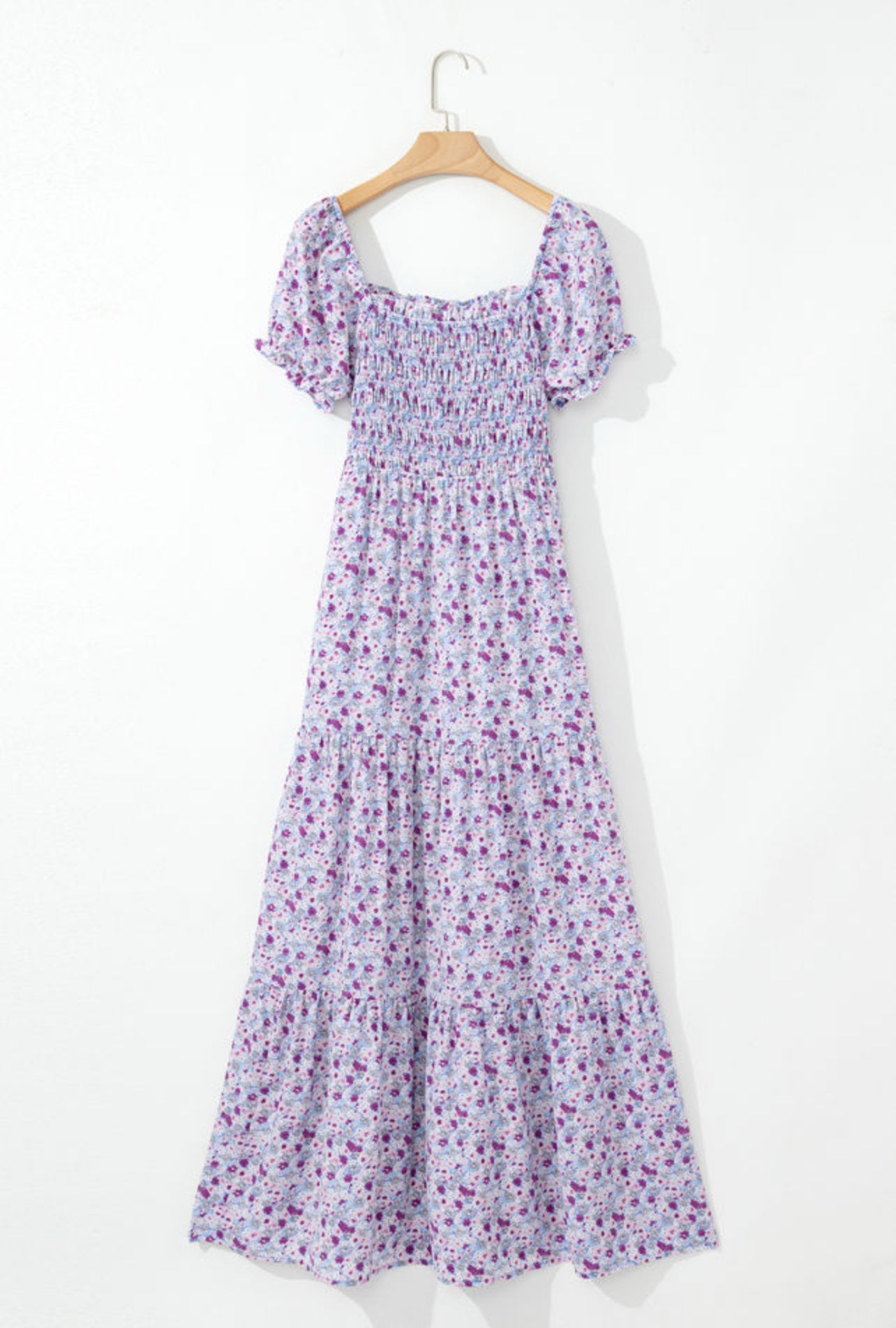 Purple Floral Short Bubble Sleeve Maxi Dress
