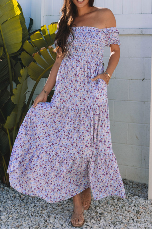 Purple Floral Short Bubble Sleeve Maxi Dress