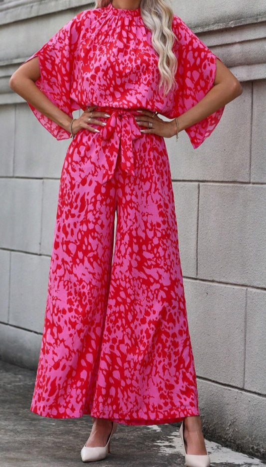 Rose Leopard Loose Sleeve Belted wide Leg Jumpsuit