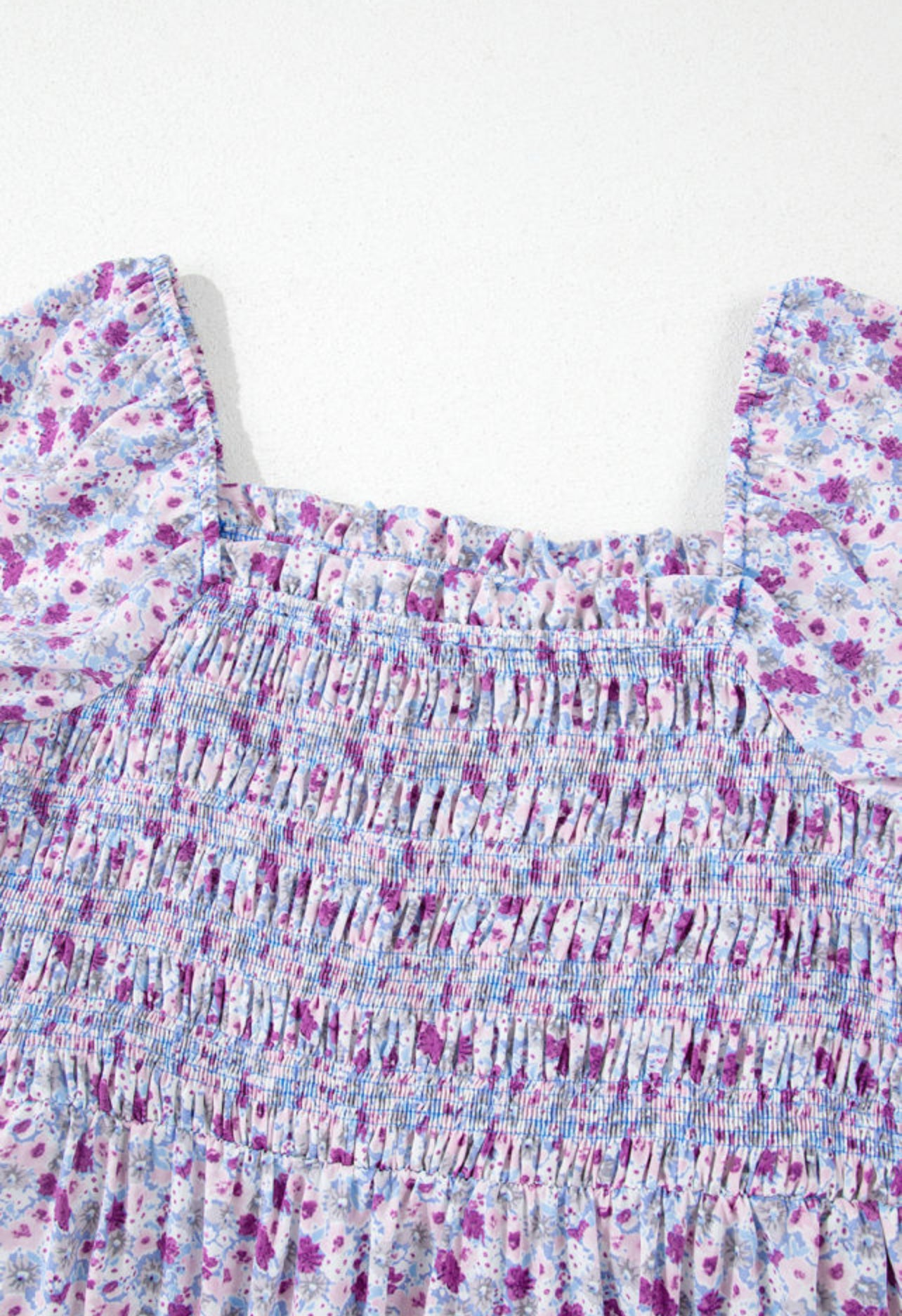 Purple Floral Short Bubble Sleeve Maxi Dress