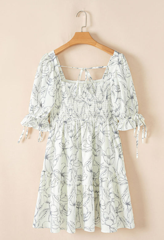 Floral Print Square Neck Puffy Sleeve Dress