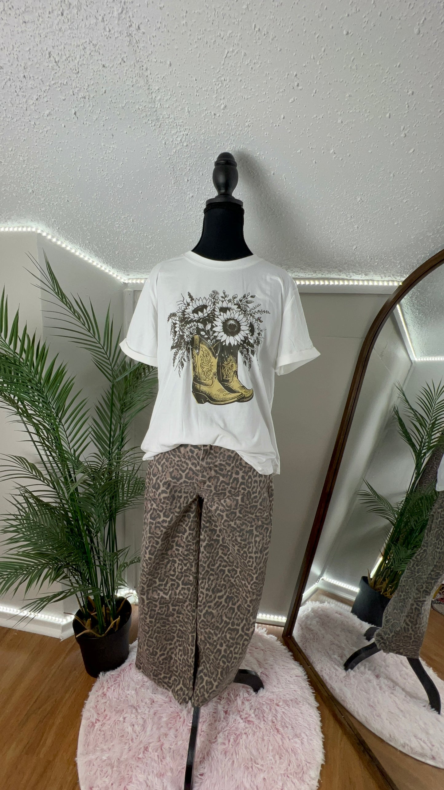 White Sunflower-Embroidered Cowgirl Boots T-Shirt