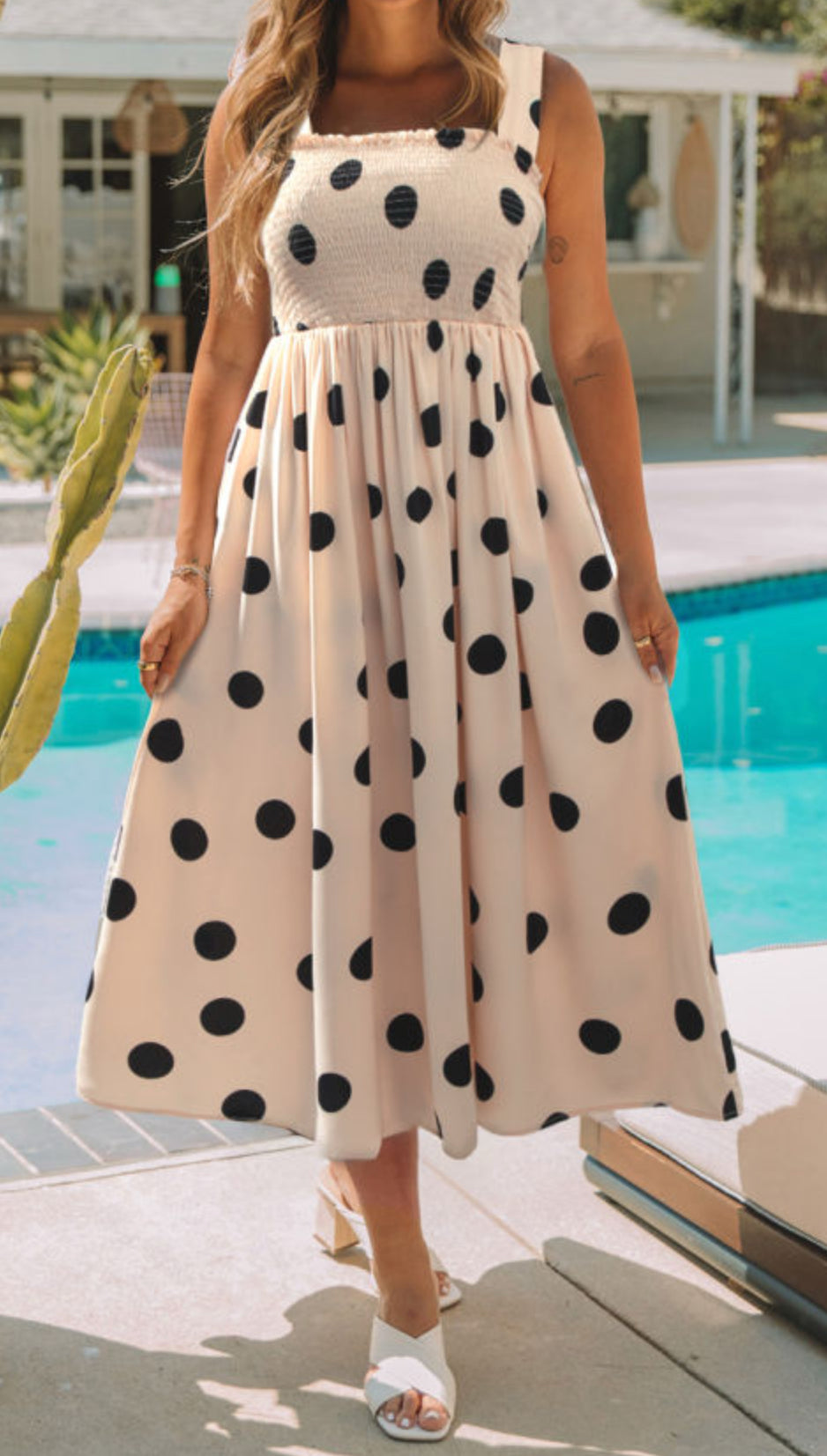 Polka Dots Smocked Fit Flared Sleeveless Dress