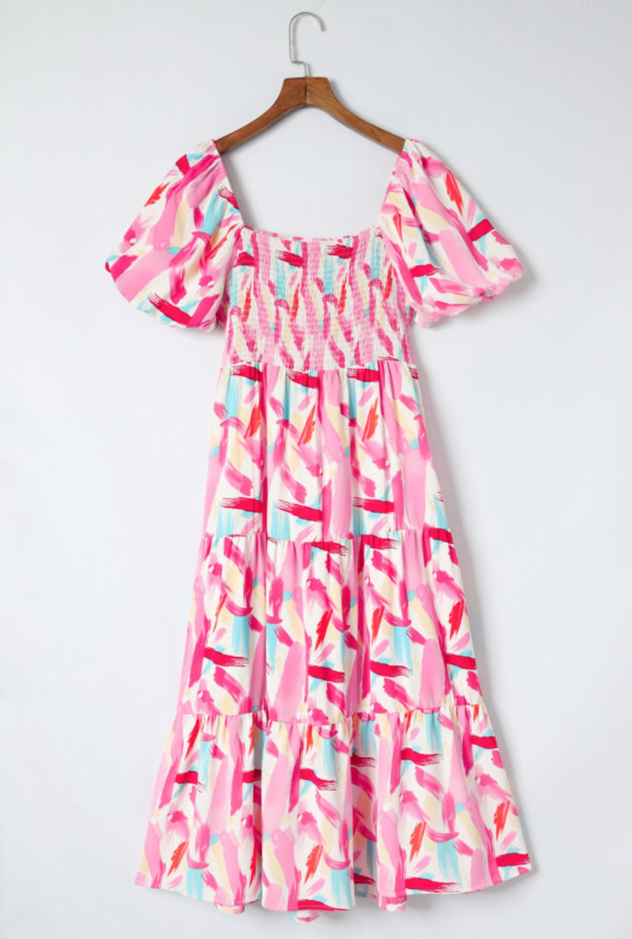 Yuli - Pink Brushed Printed Smocked Ruffle Tiered Dress