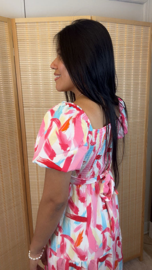 Yuli - Pink Brushed Printed Smocked Ruffle Tiered Dress