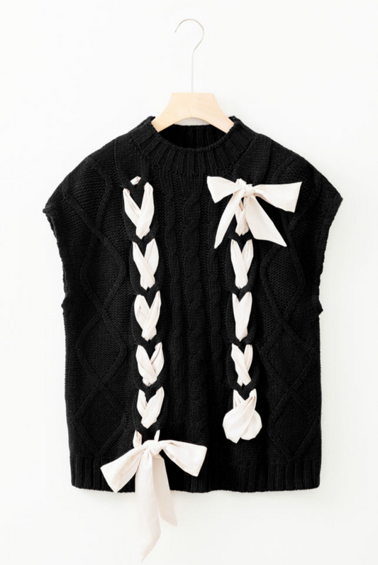 Black Satin Bowknot Short Sleeve Sweatshirt