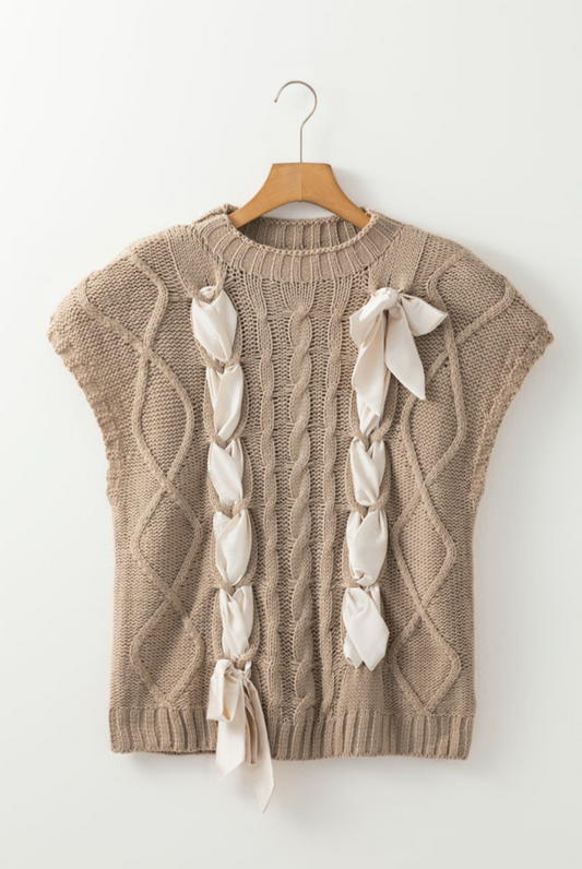 Beige color Satin Bowknot short sleeve sweatshirt