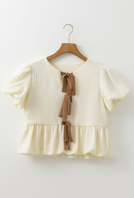 Bow Ties Front Bubble Hem Puff Short Sleeve Blouse