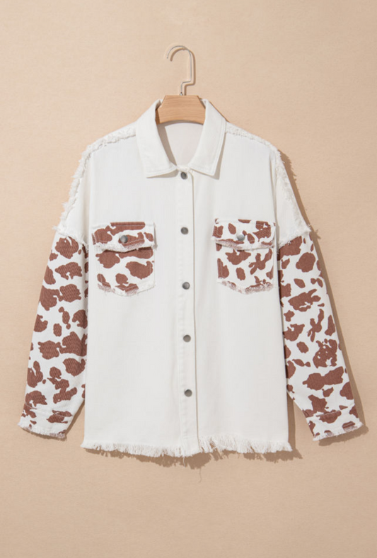 Jennie White Cow Spot Flap Pocket Hem Long Denim Jacket