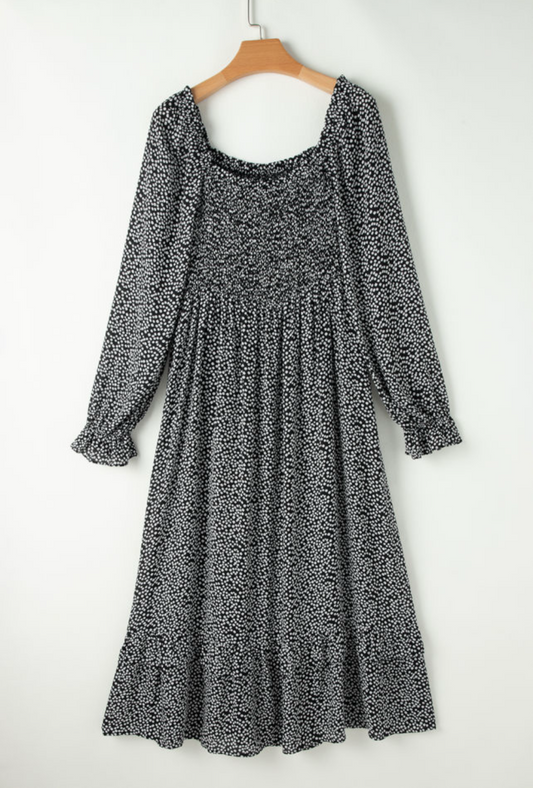 Black Floral Print Long Sleeve Dress