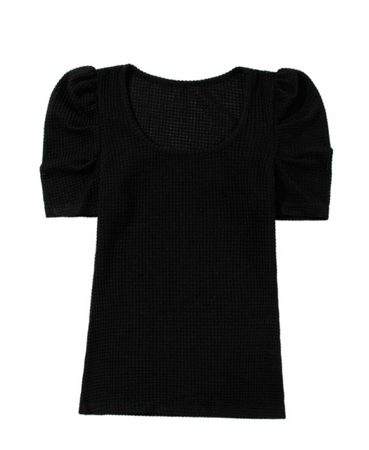 Pretty Black Waffle Puff Short Sleeve Top