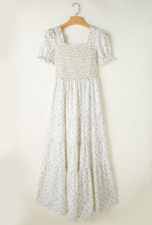 White Flowy Puff Short Sleeve Maxi Dress