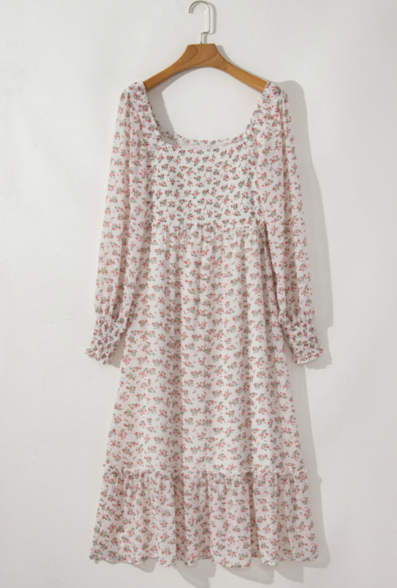 White Floral Print Ruffled Midi Dress