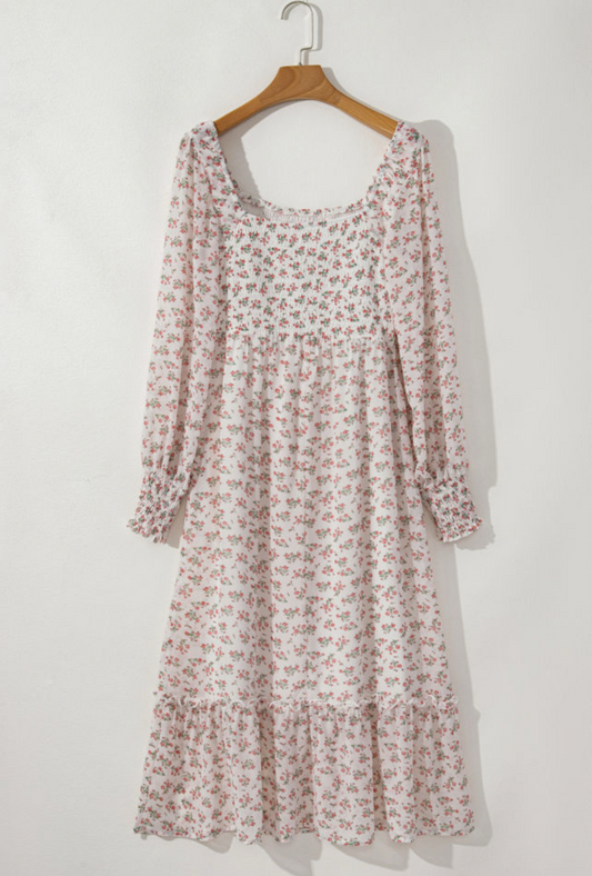 White Floral Print Ruffled Midi Dress