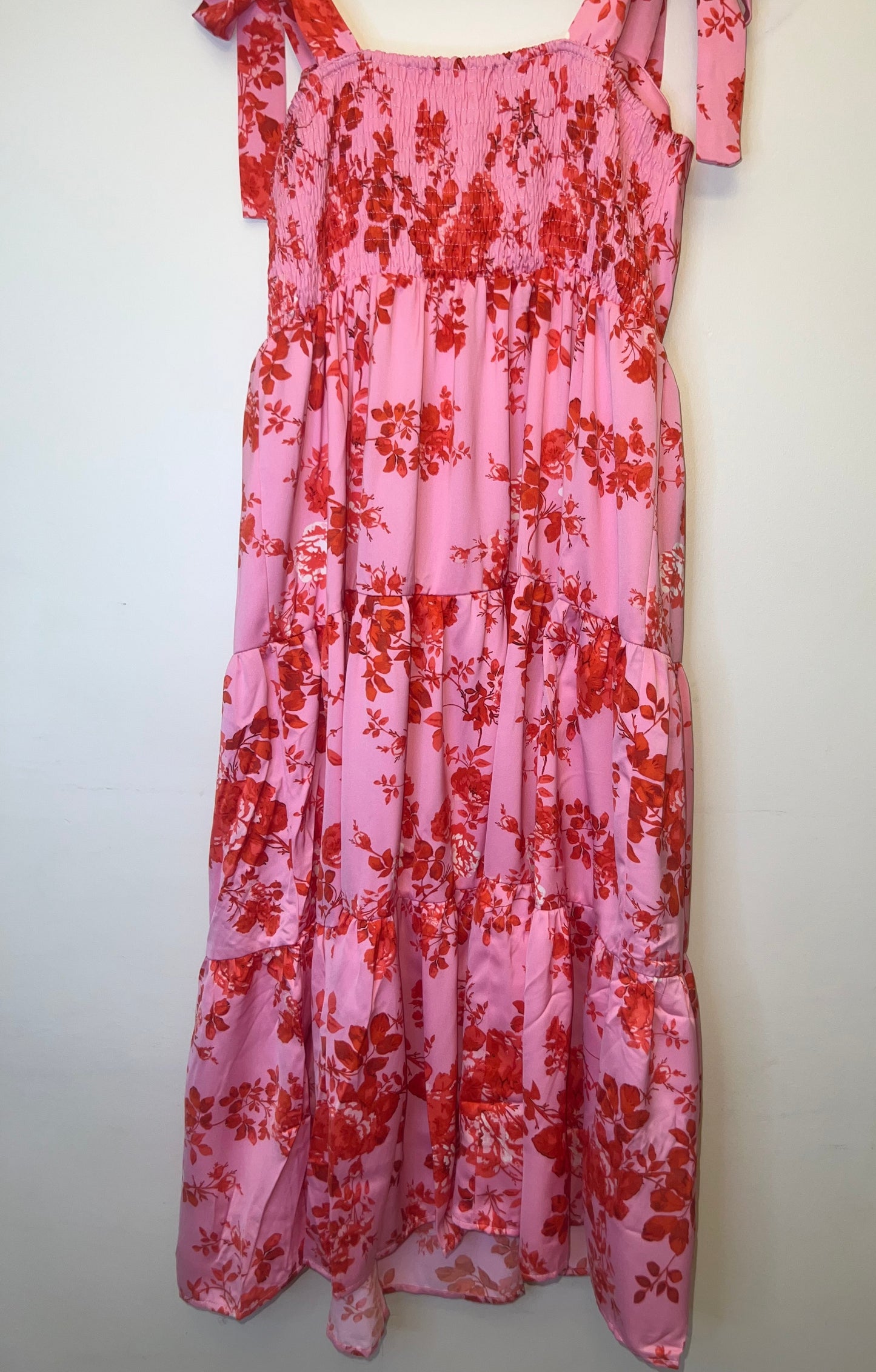 Shoulder Straps and Tiered Pink Tie Floral Dress
