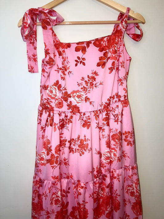 Shoulder Straps and Tiered Pink Tie Floral Dress